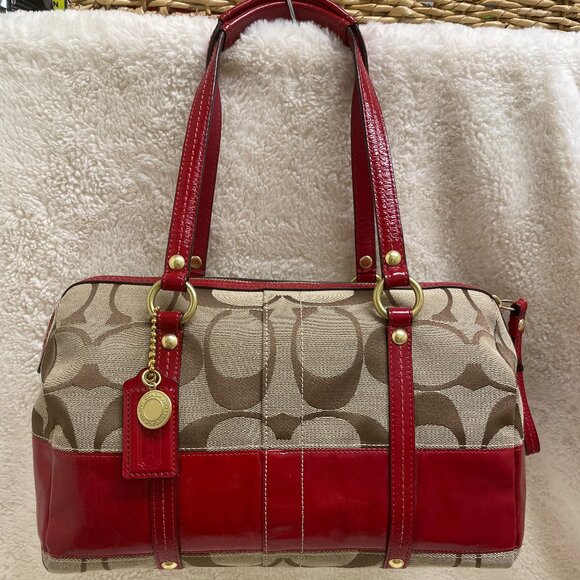 Beautiful Women's Coach Canvas Logo/Red Leather #F0826-12430 Satchel - Picture 1 of 15
